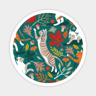 Autumn joy // pattern // pine green background cats dancing with many leaves in fall colors Magnet